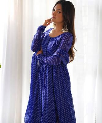 Women's Gorgeous Laheriya Print Fox Georgette Fabric Flared Anarkali Pant and Dupatta Set 5