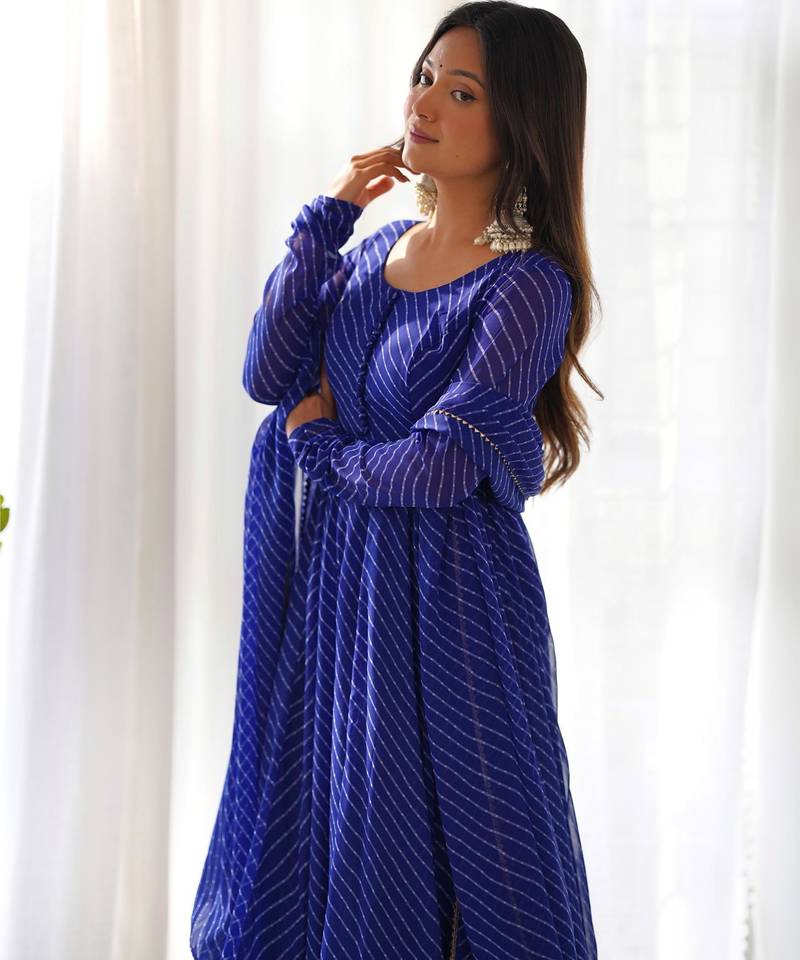 Women's Gorgeous Laheriya Print Fox Georgette Fabric Flared Anarkali Pant and Dupatta Set