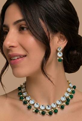 Green crystal gold bridal necklace & earring set 1