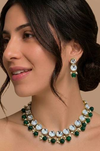 Green crystal gold bridal necklace & earring set