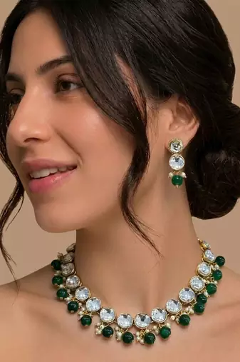Green crystal gold bridal necklace & earring set