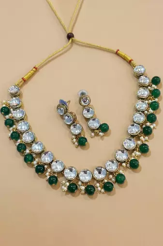 Green crystal gold bridal necklace & earring set