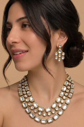 Gold crystal layered bridal necklace & earring set