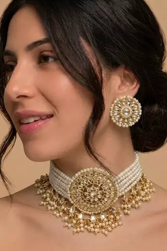 Gold pearl bridal choker & earring set