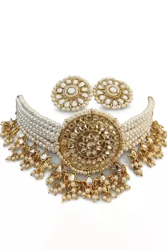 Gold pearl bridal choker & earring set