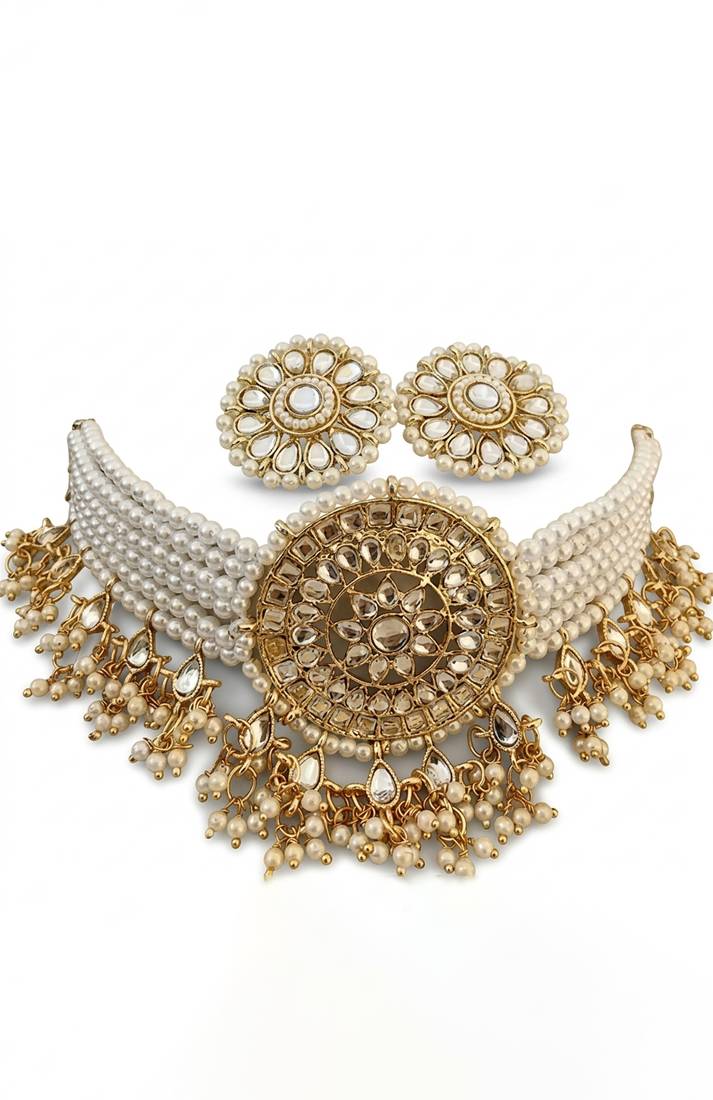 Gold pearl bridal choker & earring set
