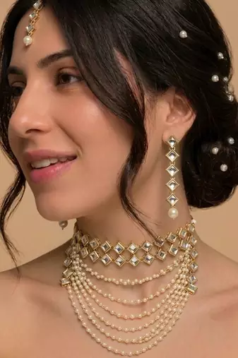 Gold pearl bridal matha patti set