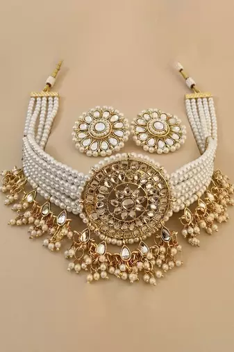 Gold pearl bridal choker & earring set