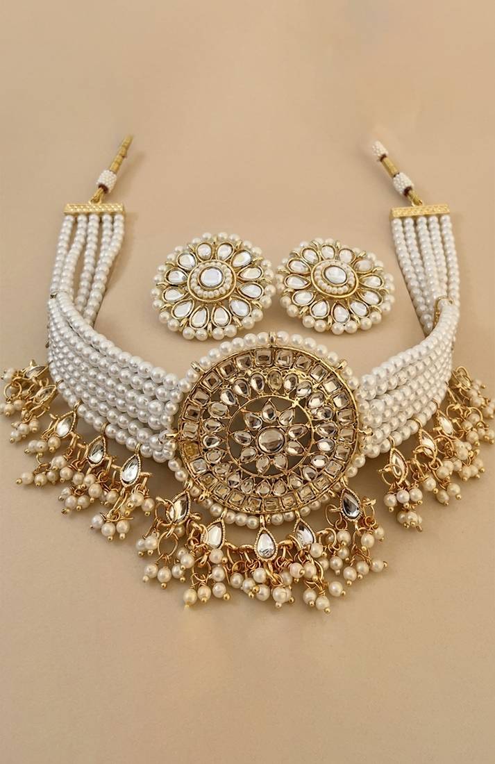 Gold pearl bridal choker & earring set