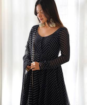 Women's Gorgeous Laheriya Print Fox Georgette Fabric Flared Anarkali Pant and Dupatta Set 2
