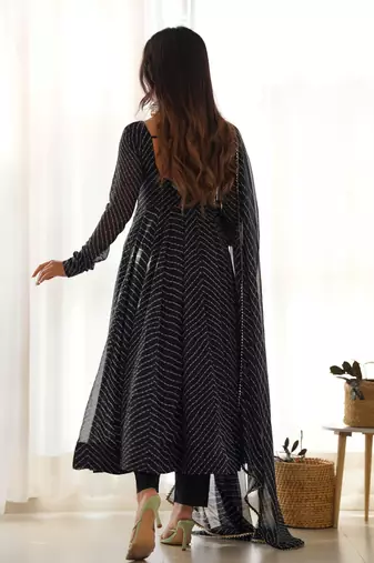 Women's Gorgeous Laheriya Print Fox Georgette Fabric Flared Anarkali Pant and Dupatta Set