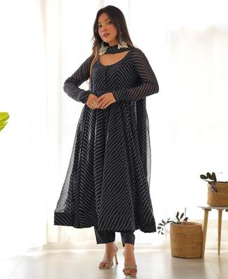 Women's Gorgeous Laheriya Print Fox Georgette Fabric Flared Anarkali Pant and Dupatta Set 5