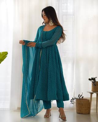 Women's Gorgeous Laheriya Print Fox Georgette Fabric Flared Anarkali Pant and Dupatta Set 4