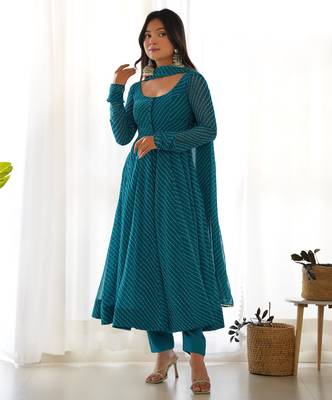 Women's Gorgeous Laheriya Print Fox Georgette Fabric Flared Anarkali Pant and Dupatta Set 5