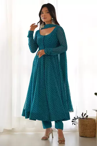 Women's Gorgeous Laheriya Print Fox Georgette Fabric Flared Anarkali Pant and Dupatta Set