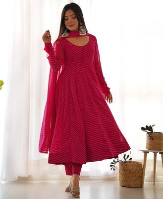Women's Gorgeous Laheriya Print Fox Georgette Fabric Flared Anarkali Pant and Dupatta Set 1
