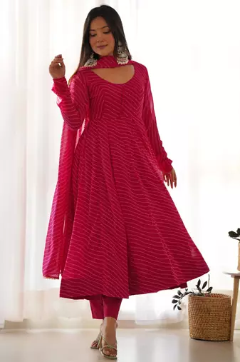 Women's Gorgeous Laheriya Print Fox Georgette Fabric Flared Anarkali Pant and Dupatta Set