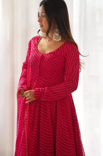 Women's Gorgeous Laheriya Print Fox Georgette Fabric Flared Anarkali Pant and Dupatta Set