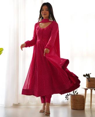Women's Gorgeous Laheriya Print Fox Georgette Fabric Flared Anarkali Pant and Dupatta Set 5