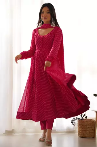 Women's Gorgeous Laheriya Print Fox Georgette Fabric Flared Anarkali Pant and Dupatta Set