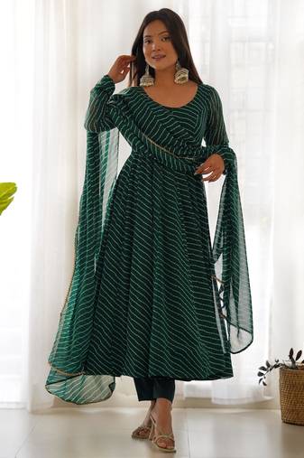 Women's Gorgeous Laheriya Print Fox Georgette Fabric Flared Anarkali Pant and Dupatta Set