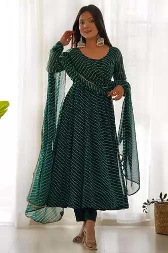 Women's Gorgeous Laheriya Print Fox Georgette Fabric Flared Anarkali Pant and Dupatta Set