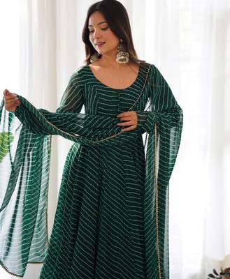 Women's Gorgeous Laheriya Print Fox Georgette Fabric Flared Anarkali Pant and Dupatta Set 3