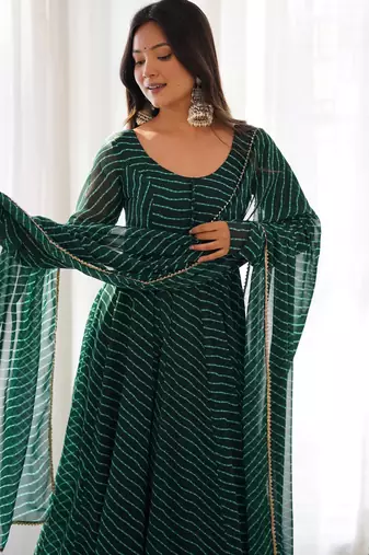 Women's Gorgeous Laheriya Print Fox Georgette Fabric Flared Anarkali Pant and Dupatta Set