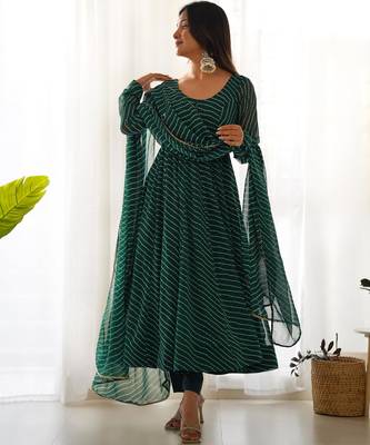 Women's Gorgeous Laheriya Print Fox Georgette Fabric Flared Anarkali Pant and Dupatta Set 5