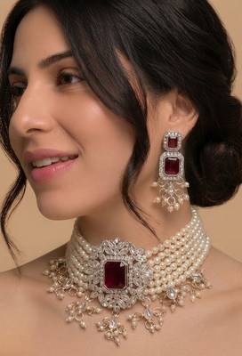 Red pearl bridal choker & earring set 1