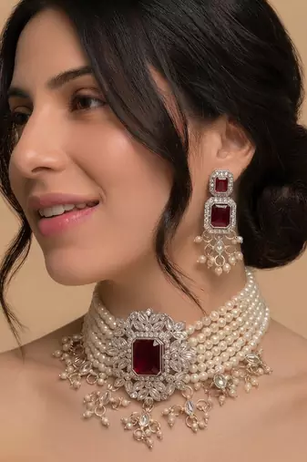 Red pearl bridal choker & earring set