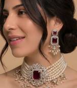 Red pearl bridal choker & earring set