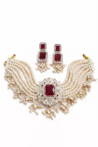 Red pearl bridal choker & earring set