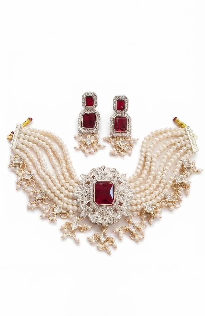 Red pearl bridal choker & earring set