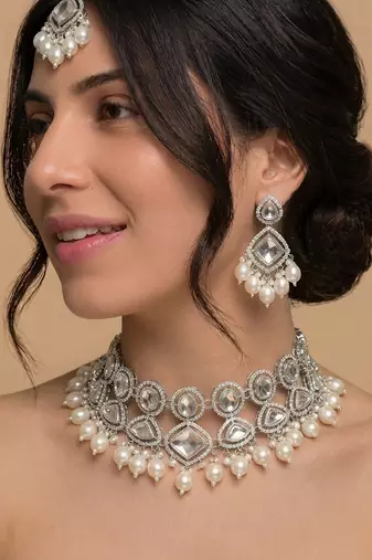 Silver pearl bridal matha patti & necklace set