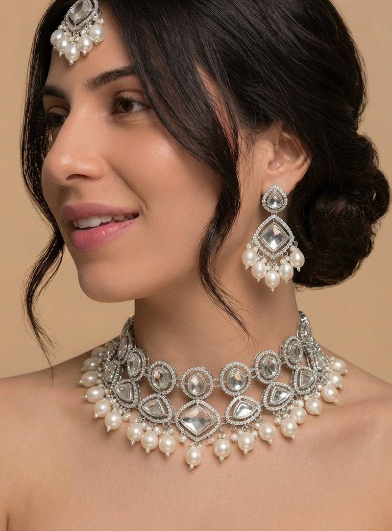 Silver pearl bridal matha patti & necklace set
