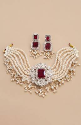 Red pearl bridal choker & earring set 4