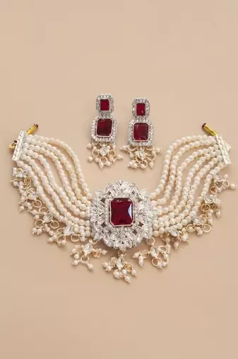 Red pearl bridal choker & earring set