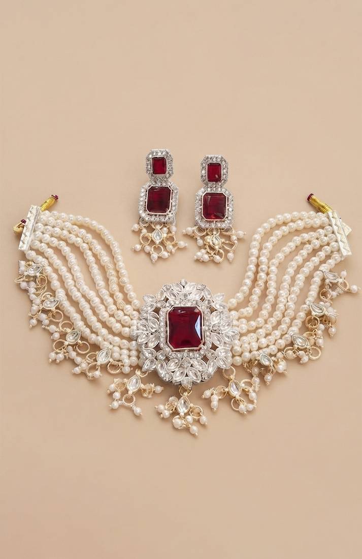 Red pearl bridal choker & earring set