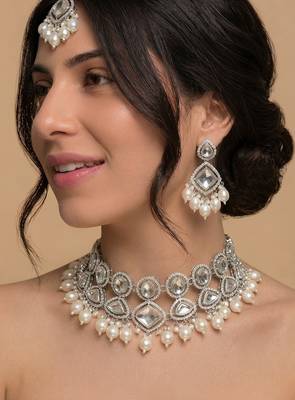 Silver pearl bridal matha patti & necklace set 2