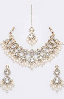 Silver pearl bridal matha patti & necklace set 3