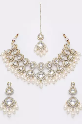 Silver pearl bridal matha patti & necklace set