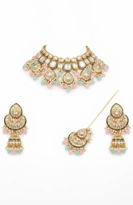 Multi colored matha patti & necklace bridal set 3