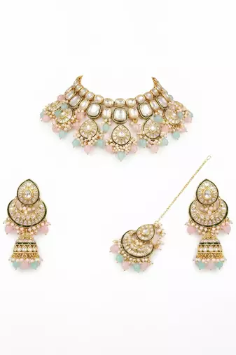 Multi colored matha patti & necklace bridal set