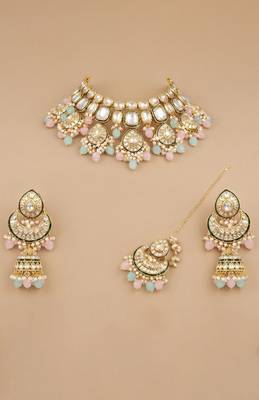 Multi colored matha patti & necklace bridal set 4