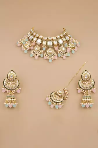 Multi colored matha patti & necklace bridal set