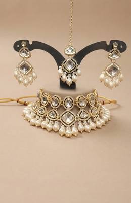 Silver pearl bridal matha patti & necklace set 4