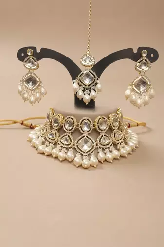 Silver pearl bridal matha patti & necklace set
