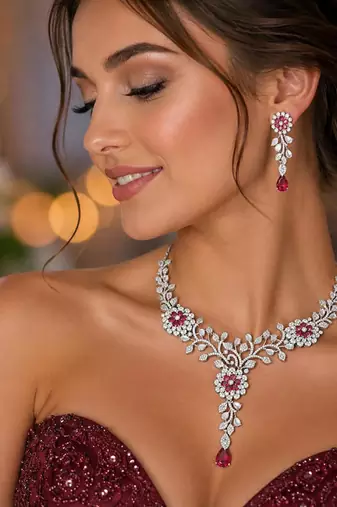 Ruby Red Floral Bridal Jewelry Set, Silver Marquise Cubic Zirconia Statement Necklace Earrings