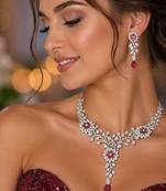 Ruby Red Floral Bridal Jewelry Set, Silver Marquise Cubic Zirconia Statement Necklace Earrings